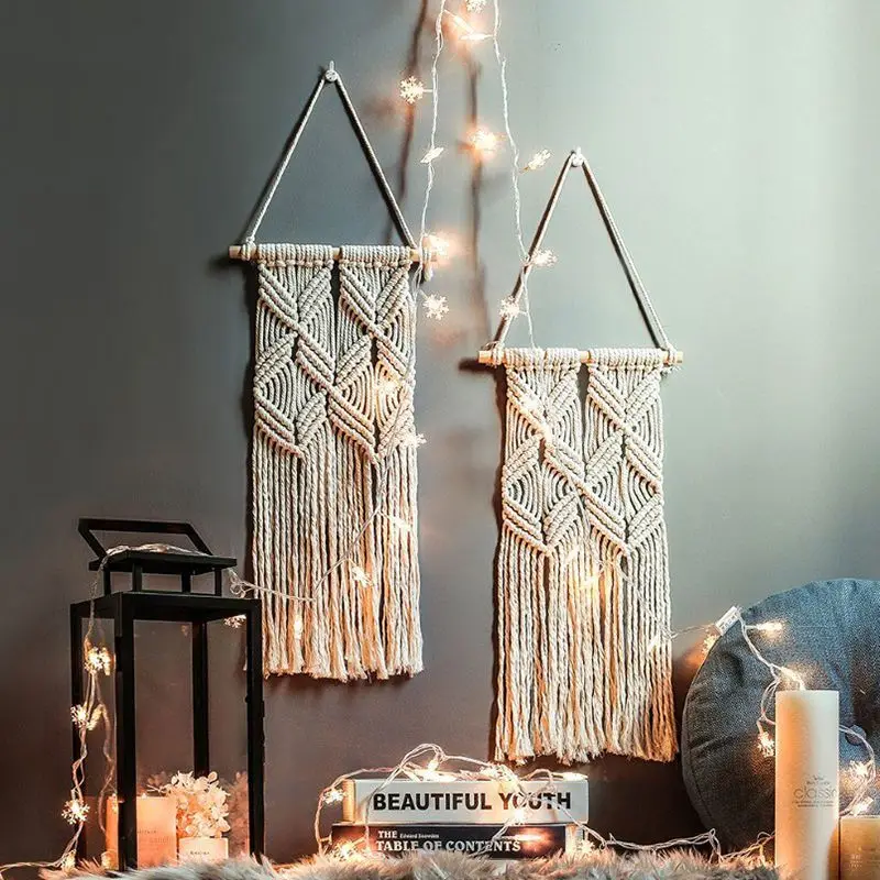 معلقة على الحائط منسوجة يدويًا من بوهو - نسيج مكرامية لغرفة نوم Kawaii وBnB، ديكور غرفة جمالي جذاب #5