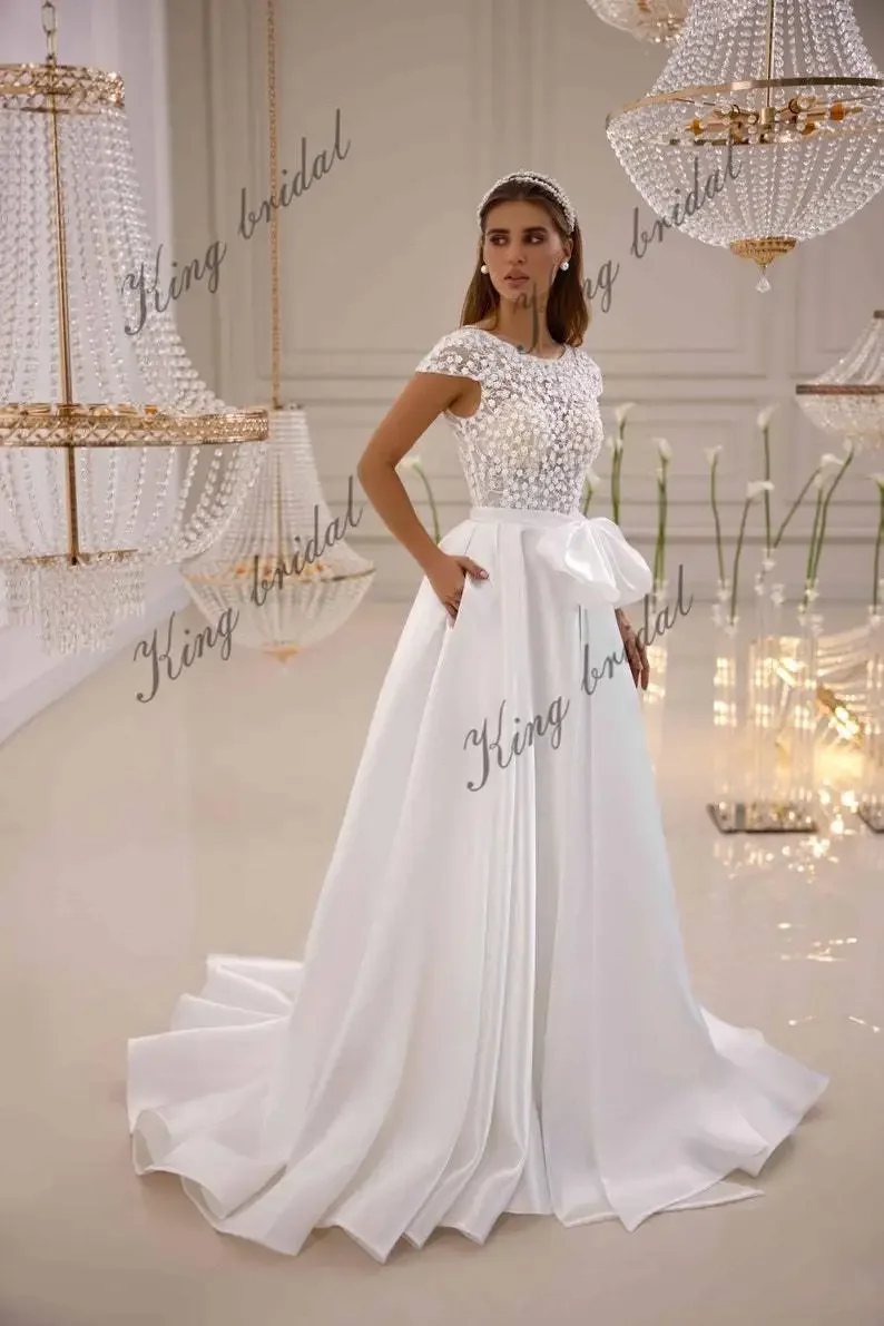 Simple Wedding Dress Floral Lace Wedding Dress Satin Skirt Corset Gown with Detachable Bow | A-Line Custom Bridal Gown