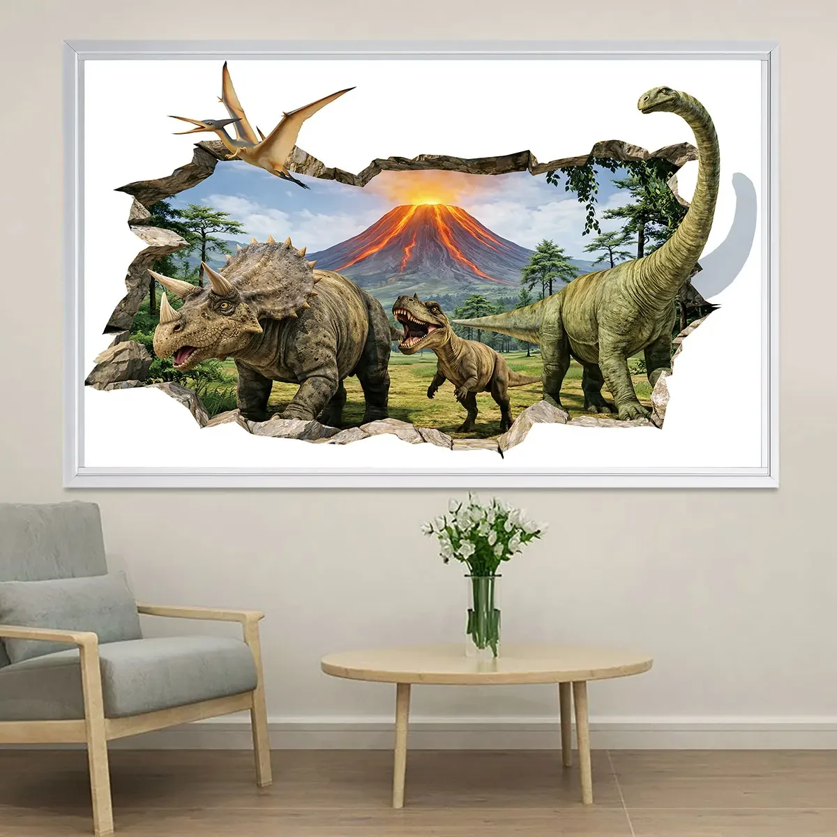 Autocollant mural dimensionnel en PVC, 1 pièce, motif dinosaure, éruption volcanique, imprimé, auto-adhésif, amovible, résistant à l'humidité