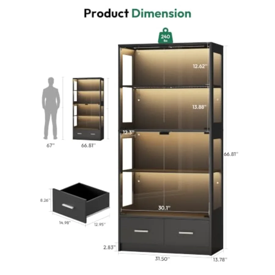 67-inch Glass Display Cabinet for Sports Memorabilia Black tempered glass, sleek black frame, anti-reflective display, secure l view 2