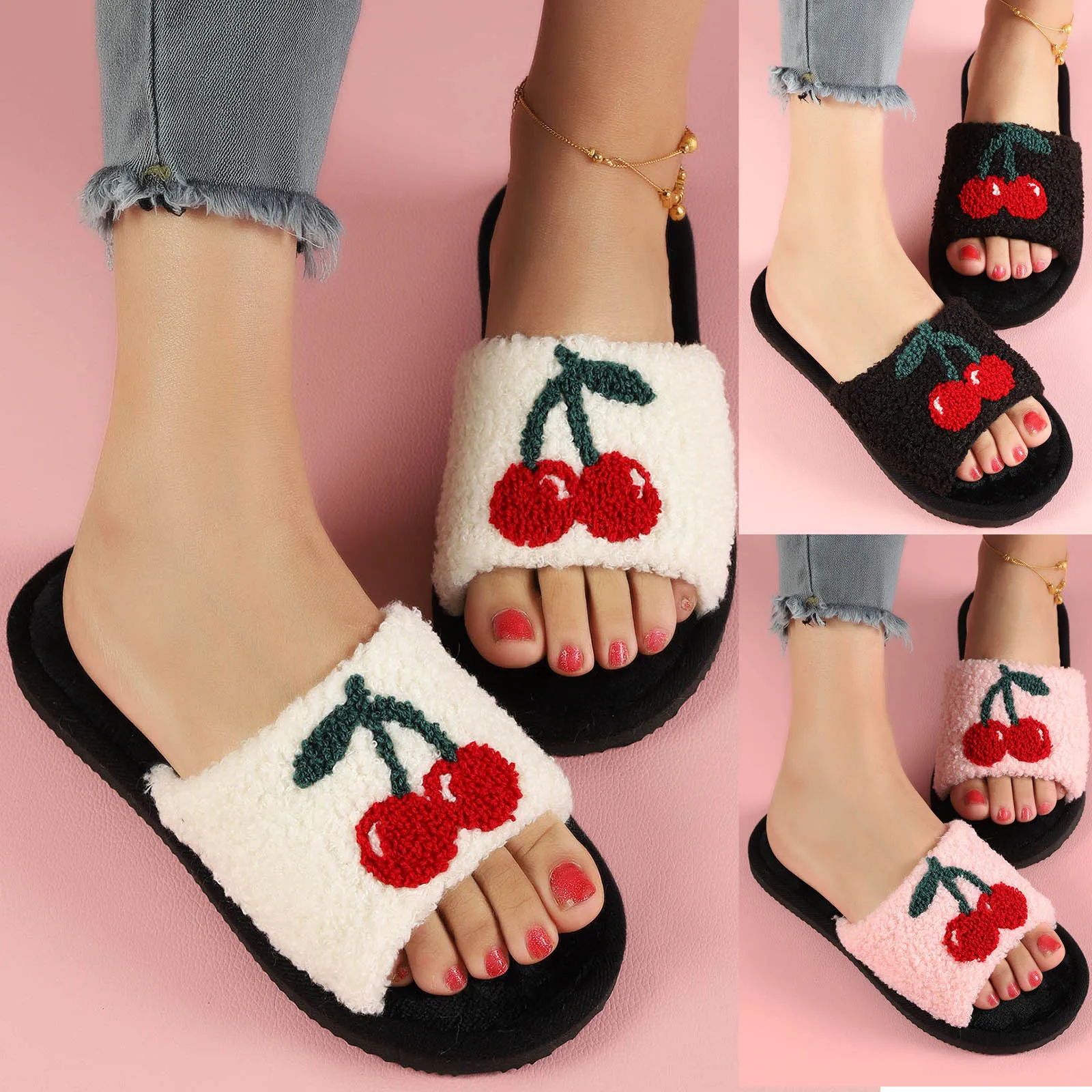 Cute Cherry Cotton Slippers Women Indoor Bedroom Soft Sole Non Slip Slides Woman Fluffy Plush Warm Winter Slippers For Indoor