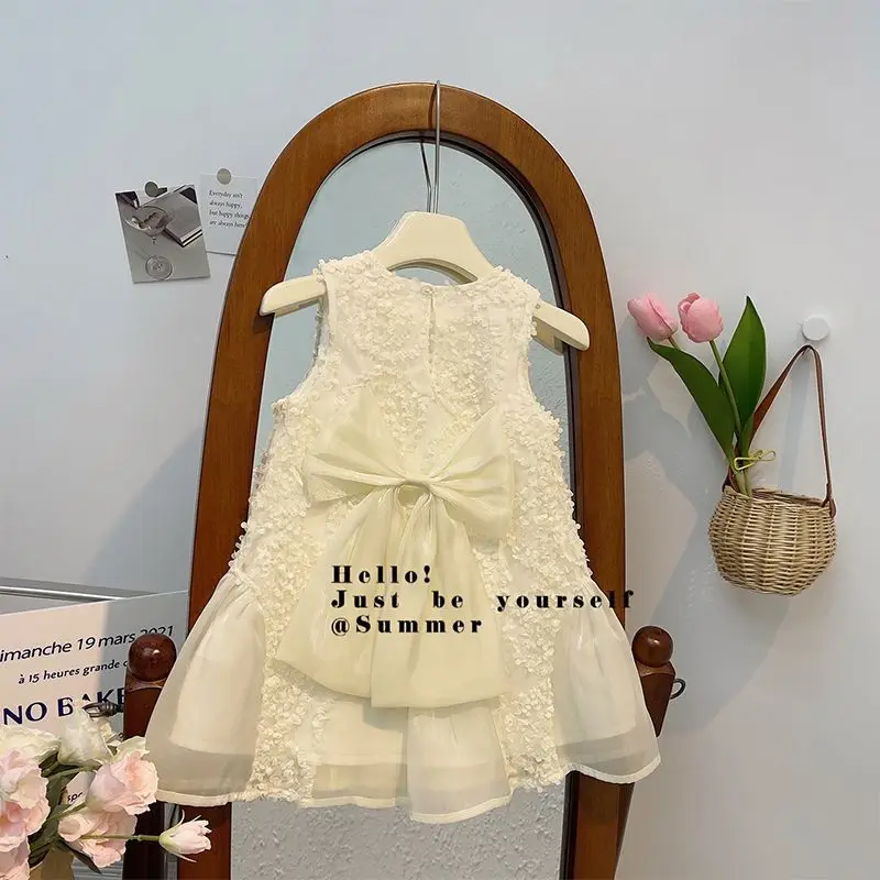 Baby Girls Dress Sweet Mesh Three-dimensional Floral Big Bow Heavy Industry Fashion Sundress 2025 Spring New Kids Princess Dress