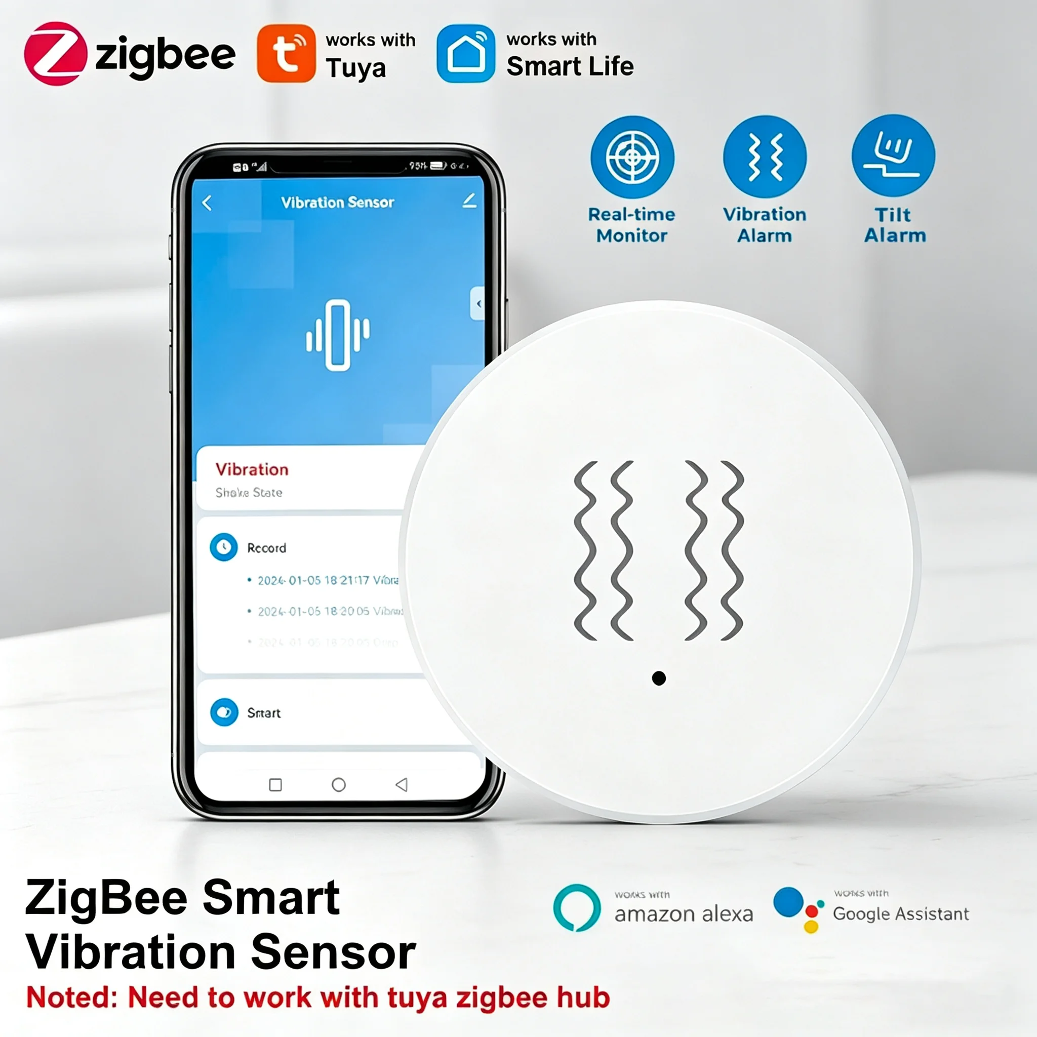

Умный датчик вибрации Zigbee, беспроводная сигнализация о наклоне и ударе, приложение Tuya Smart Life, дистанционное управление, домашняя безопасность, требуется шлюз Zigbee