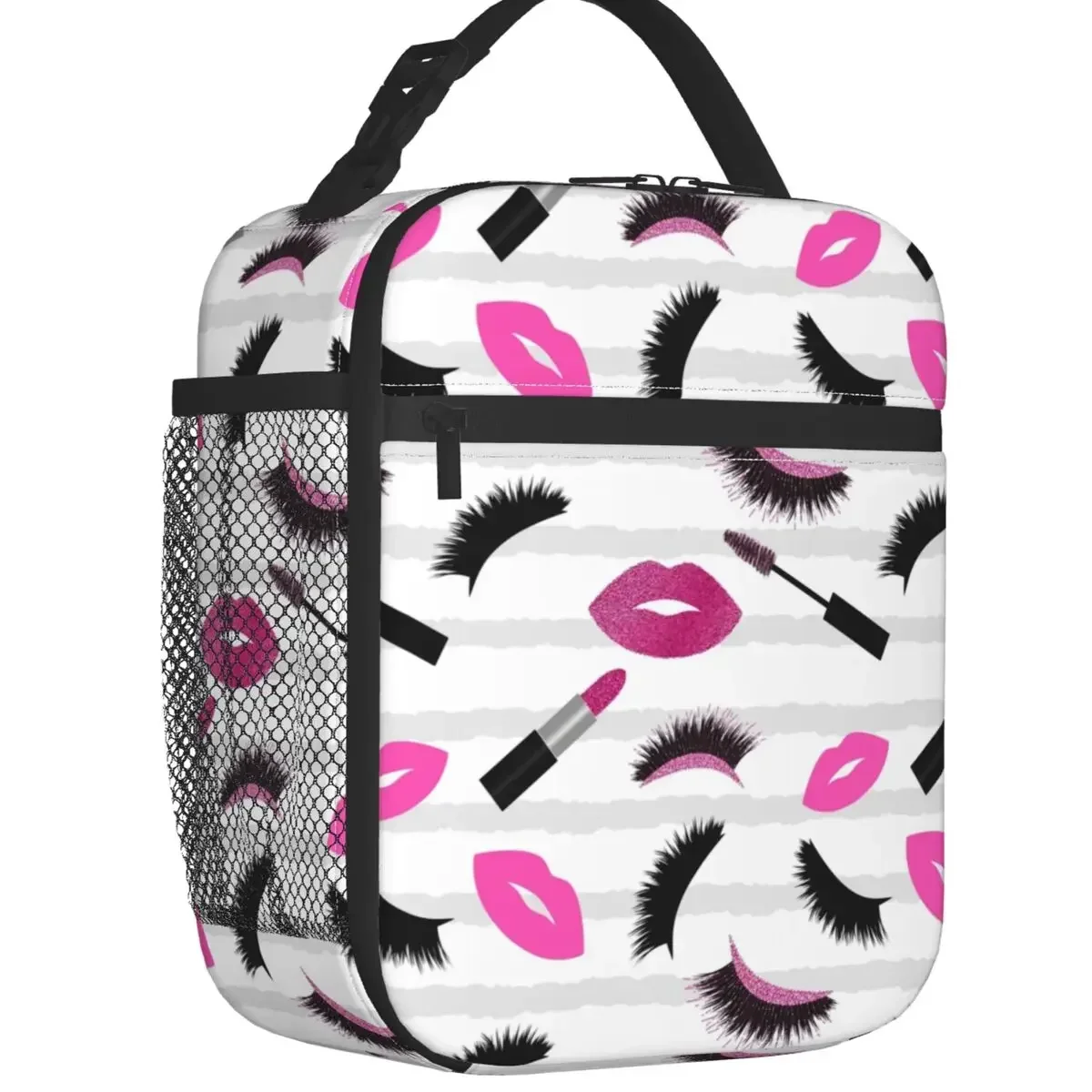 Eyelash Lashes Thermal Insulated Lunch Bag Pink Glitter Lips Mascara Lipstick Portable Lunch Container Multifunction Food Box