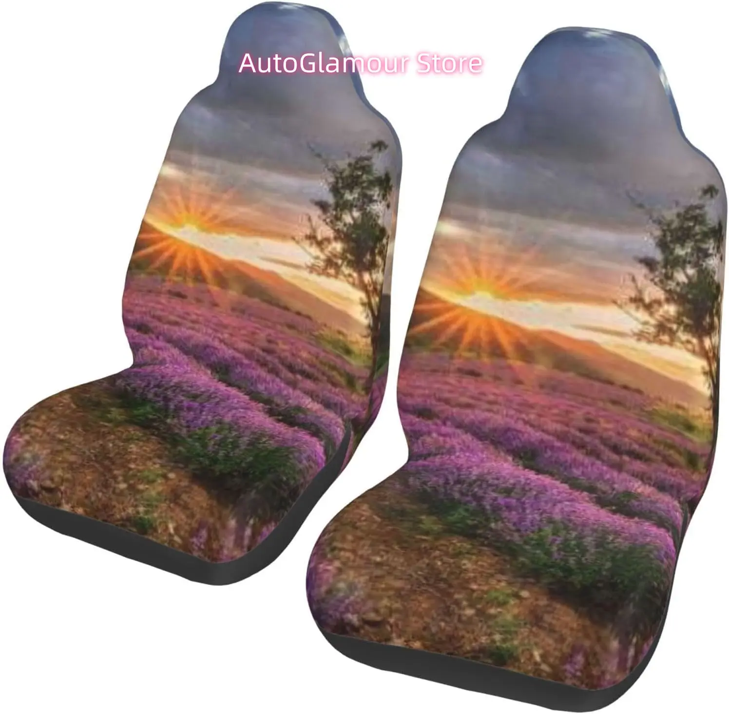 Stunning Landscape with Lavender Field At Sunrise Universal Car Seat Covers 2-Piece Set - Stretch-to-Fit Front Seat Protectors f