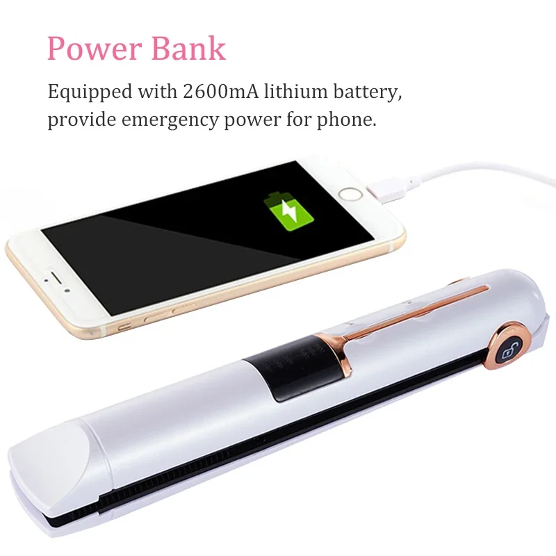 Portable USB Rechargeable Hair Straightener With Power Bank Lock System Travel Flat Irons Wireless Straightening Hair Curler