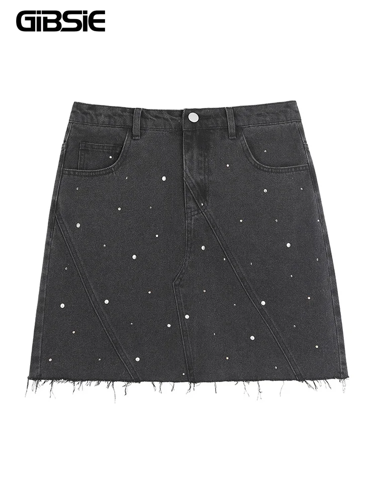 GIBSIE Plus Size Black rivet diamond denim skirt Women\'s summer high waist korean retro a-line bodycon raw hem mini skirts