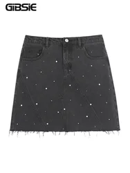 GIBSIE Plus Size Black rivet diamond denim skirt Women's summer high waist korean retro a-line bodycon raw hem mini skirts