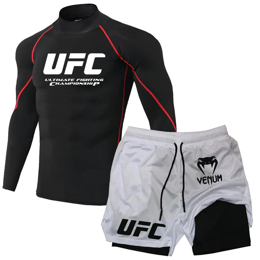 UFC خفيفة الوزن تنفس اللياقة البدنية تي شيرت السراويل الرجال تشغيل الرياضة أعلى السراويل مجموعة التدريب عالية الياقة ضيق كم طويل