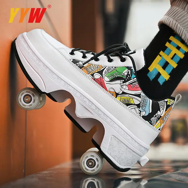 

Roller Skates Women Shoes with Wheels Roller Sneakers Double-Row 4-Wheel Skates Dual-Use Roller Skates Skateboard Shoes Sport