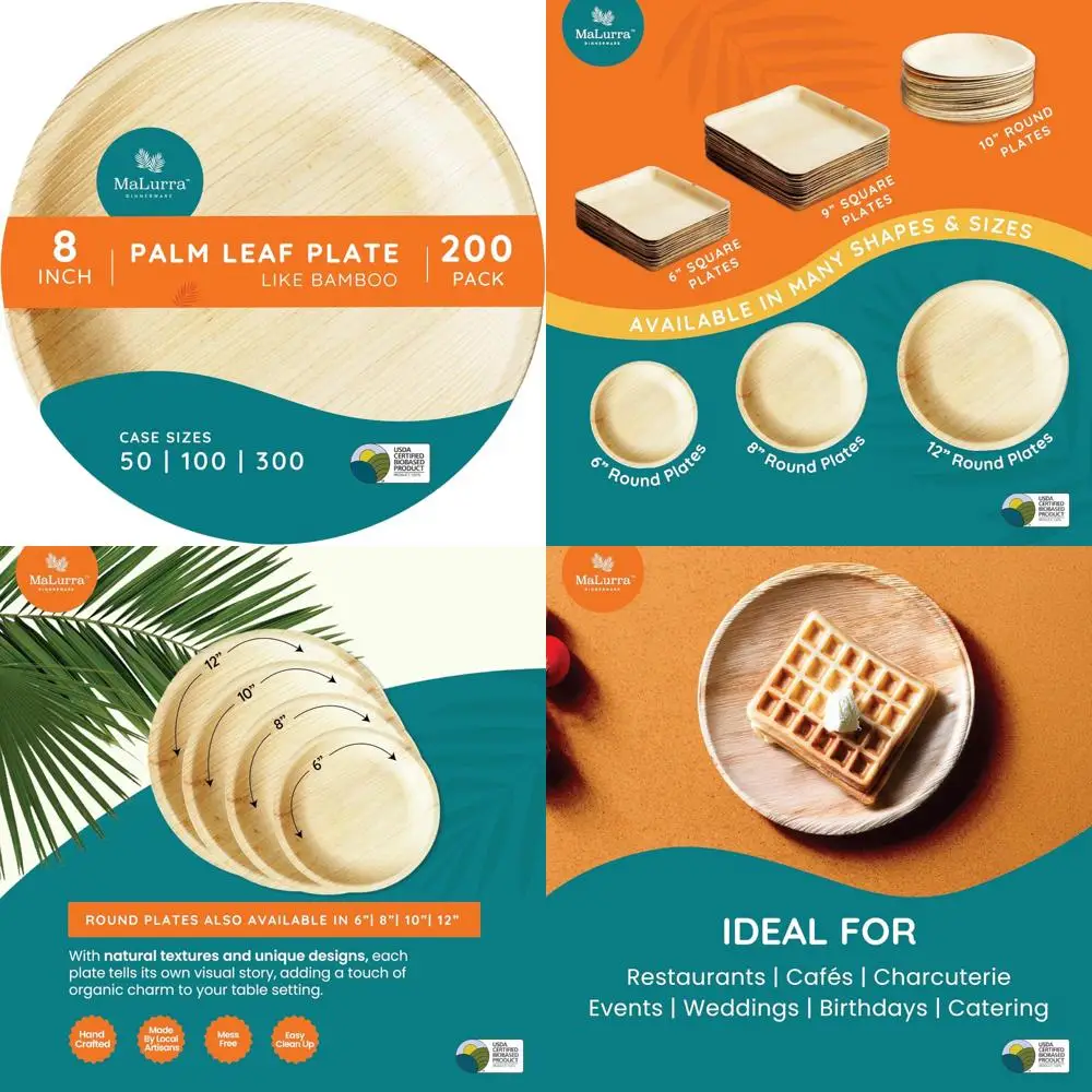 

Экологичные одноразовые тарелки из пальмовых листьев, круглые 8 дюймов, 200 шт., прочные для вечеринок, пикников, свадеб, мероприятий на открытом воздухе