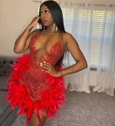 Red Feather Short Prom Dresses Black Girls Diamond Birthday Party Dresses African Mini Cocktail Dresses Homecoming Customized