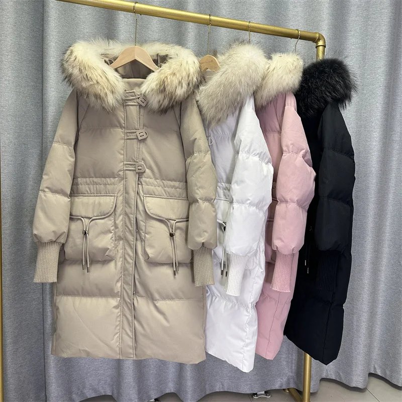 

Winter Women Goose Down Jacket Medium Long New Drawstring Waist Thick Big Fur Collar Knit Cuffs Puffer Jackets Pockets Overcoat