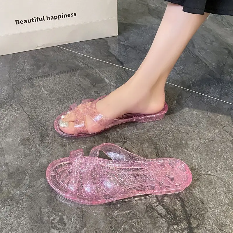 Shoes Home Summer 2024 House Slides Jewels Wedge Heel Damskie kapcie i sandały damskie Crystals Rhenstone Jelly Pink Pvc I Y