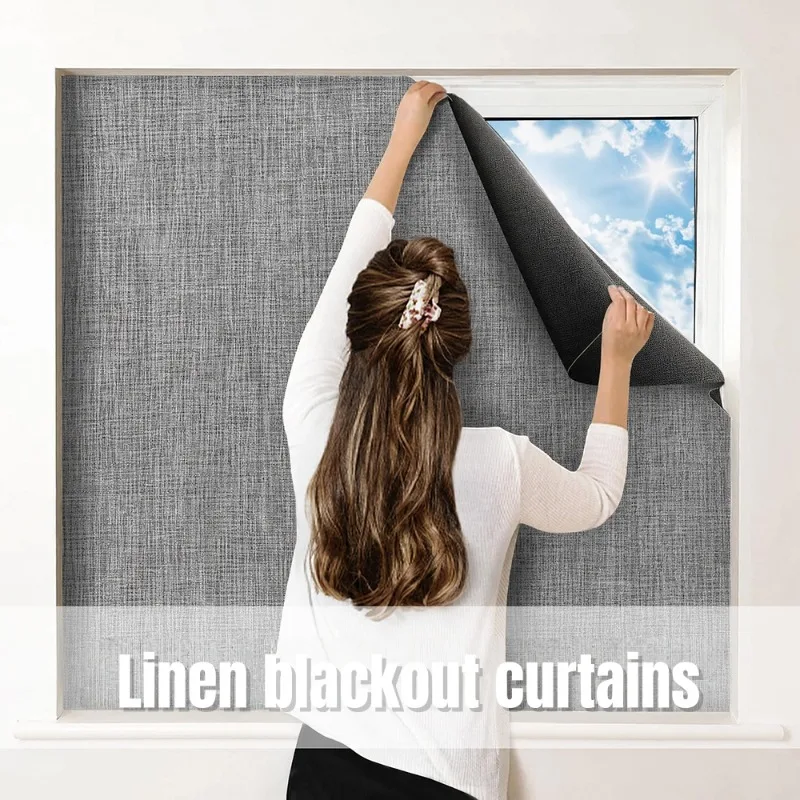Blackout Window Cover Portable Opaque Linen Curtains with Velcro Cuttable Thermal Sunshade Blackout Blind for Bedroom Window
