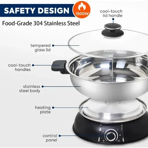 Электрическая кастрюля Шабу Шабу, горячая кастрюля из нержавеющей стали 304 с разделителем, электрическая кастрюля с крышкой из закаленного стекла для вечеринки