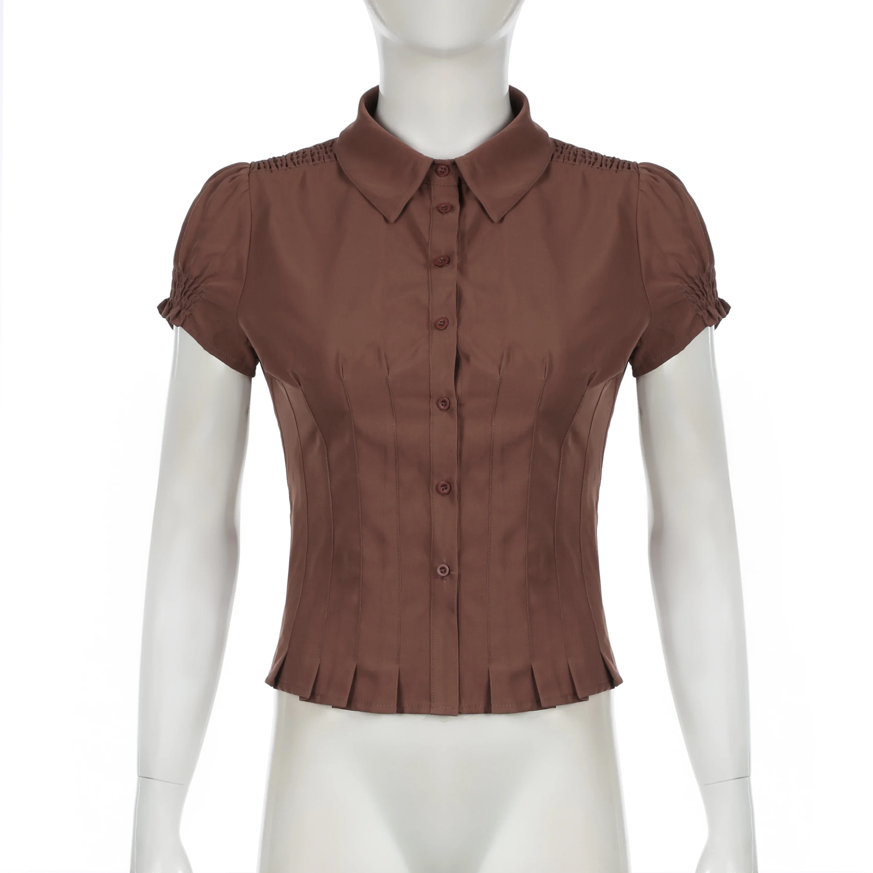 Y2k Vintage Shirts Aesthetic Fairy Crop Tops Cottage Tees Coquette Brown Pleated Button Shirt Women Short Sleeve Fitted Blouses
