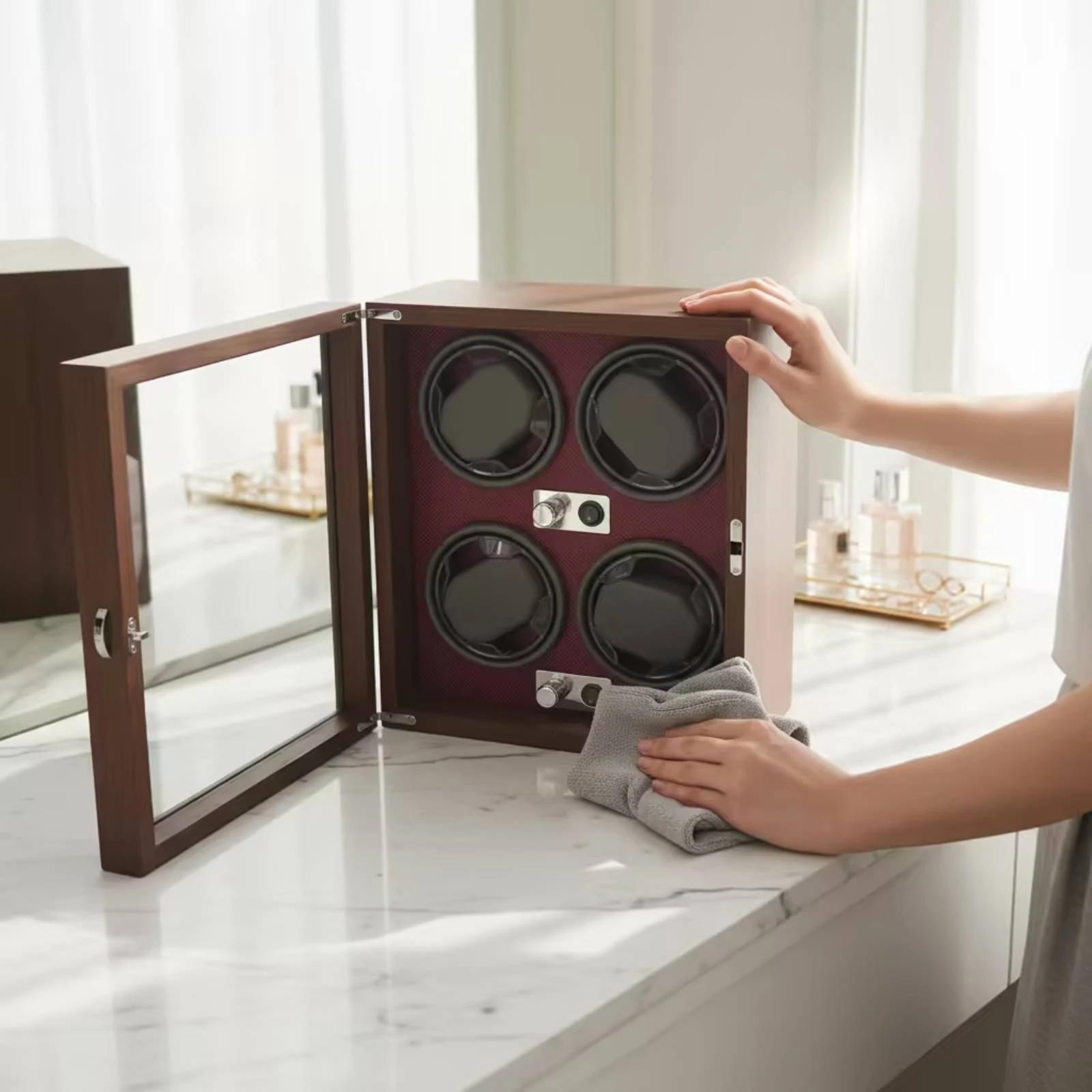 compact-watch-winder-with-glass-door-led-light-adjustable-settings-quiet-motor-for-home-office-display