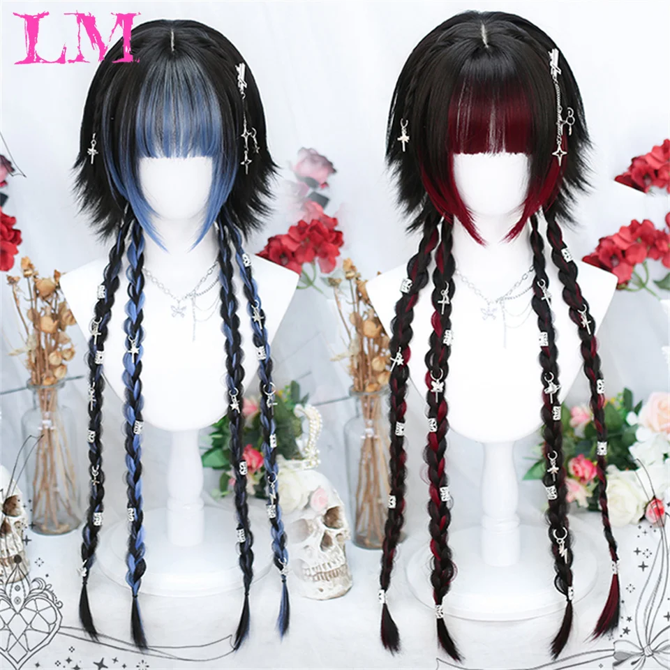 LM Synthetic Long Straight Lolita Wig with Bang Red Ombre Black Cosplay Party Halloween Christmas Wavy Curly Harajuku Wig