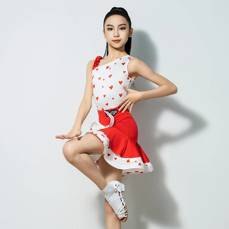 Costume da ballo latino per bambini Abiti da allenamento per spettacoli di danza Ragazze che ballano set di gonne a lisca di pesce stampate con spalla inclinata XH2974