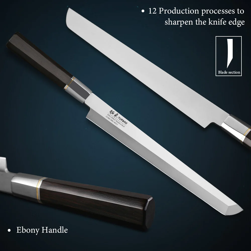 TURWHO 270mm nóż do filetowania X9Cr18MoV noże kuchenne ze stali wysokowęglowej japoński nóż do Sashimi Sushi łosoś z hebanową rączką — zdjęcie 5