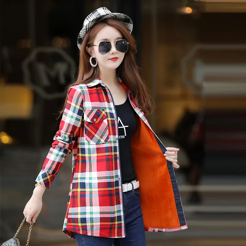 Women Keep Warm Blouses Fleece Tops Blusa Camisa Femininas Long-sleeve Thick Velvet Plaid Shirt Long Flannel Shirts Tops Mujer