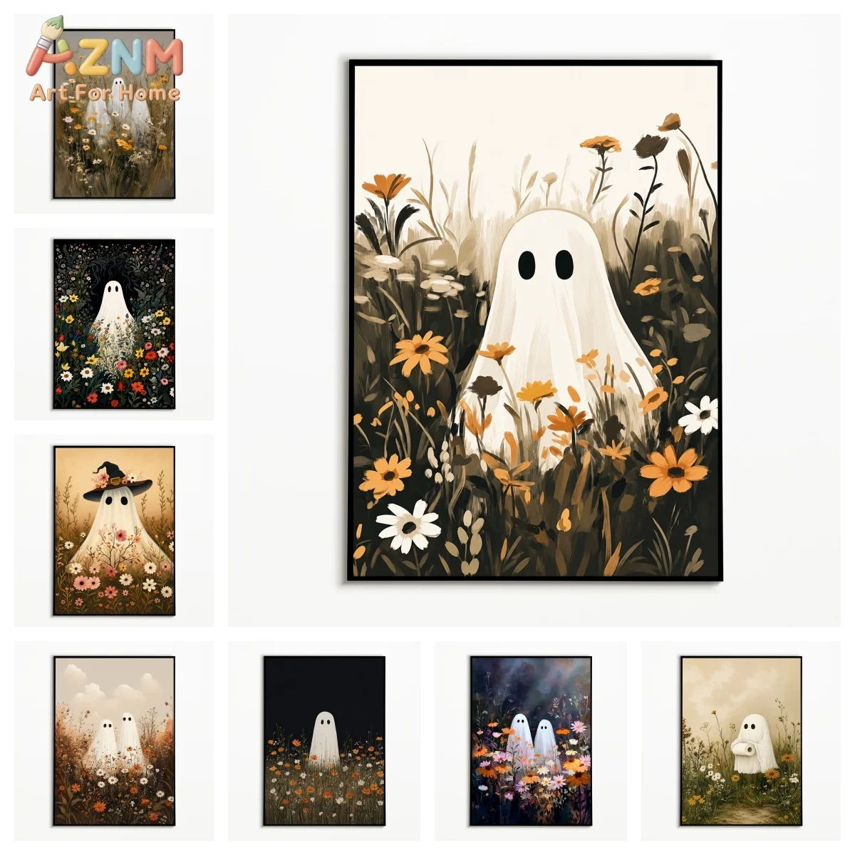 AZNM Vintage Wildflower Meadow Cute Ghost Canvas Wall Art Retro Soft Tone Halloween Botanical Farmhouse Bedroom Decor Unframed C