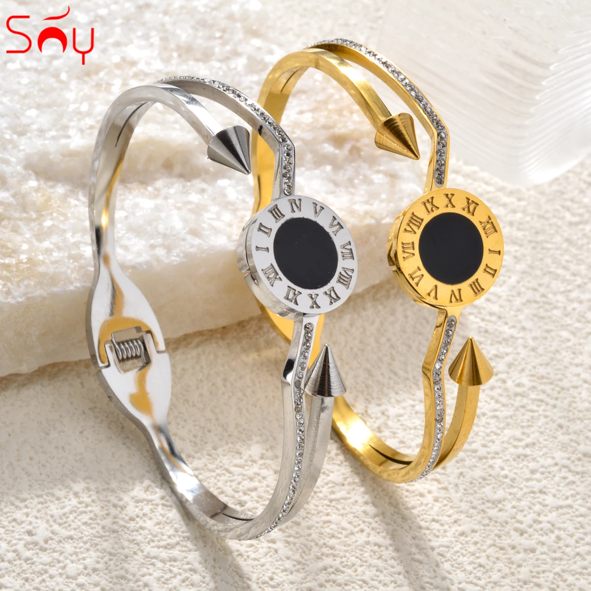 Roman Numerals Bangle for Women Men Stainless Steel Bracelet Gold Plated Silver Color Black Enamel Bangles Party Jewelry Gift