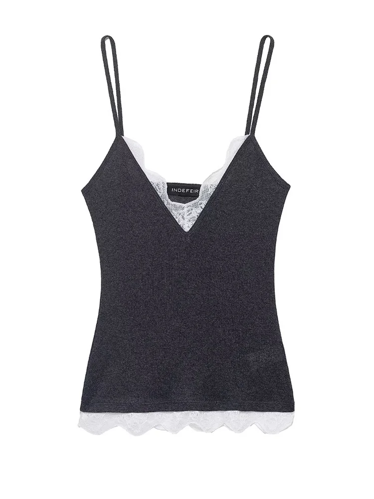 HH الصيف المرأة الجديدة أنيقة تنوعا حبال أكمام الخامس الرقبة محبوك أعلى الإناث مثير عارية الذراعين الدانتيل الديكور الصلبة البنطال القصير #2