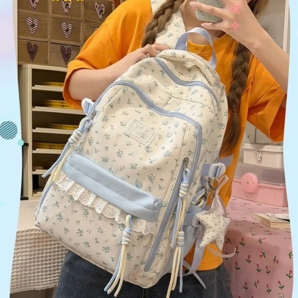 Lace Decor Floral Print Backpack Ultra Lightweight Star Pendant School Bag Fresh Aesthetic Large Capacity Daypack Short Trips