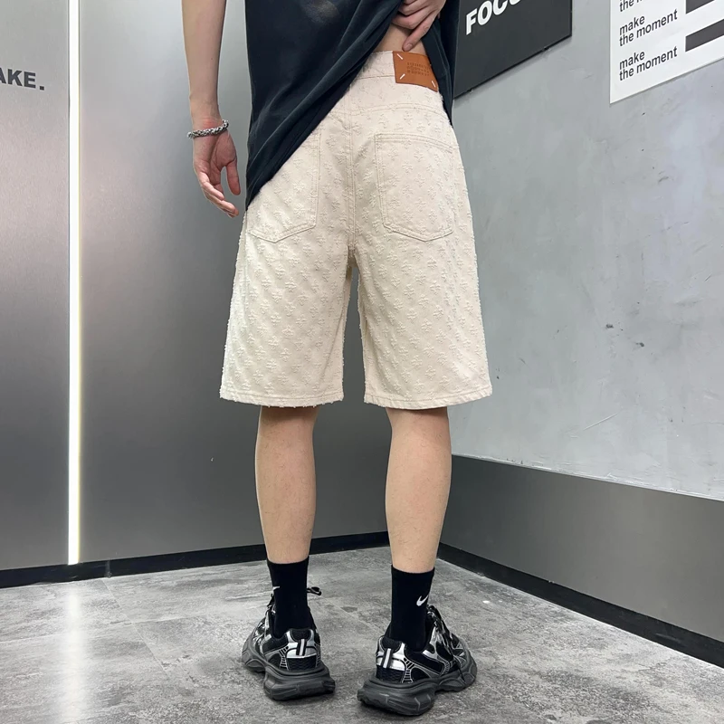 2024Summer Fashion Hip Hop Denim Shorts Men's Loose Straight Street Trend Korean StyleinsHigh Street Fifth Pants