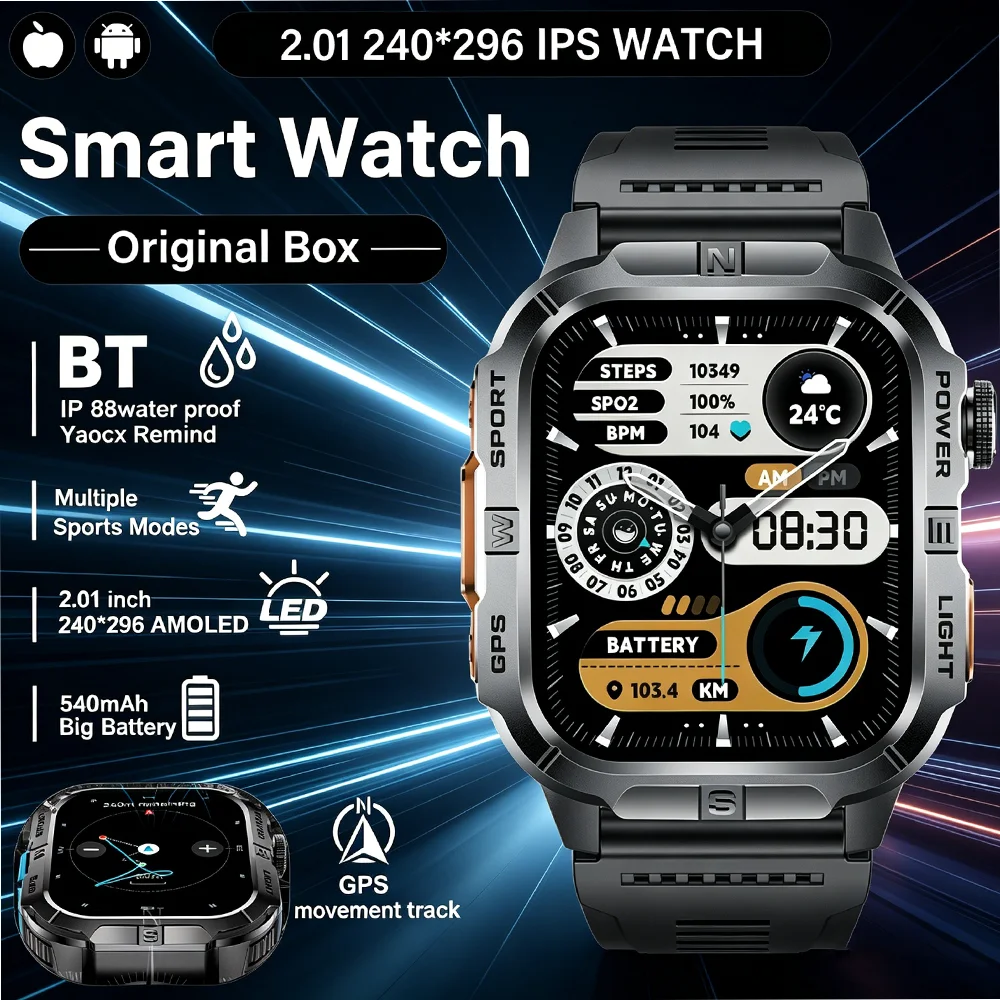 

2.01-inch HD Display Outdoor Smart Watch GPS 100+Sports Modes IP68 Waterproof Health Monitoring LED Light Fitness Sports Watch