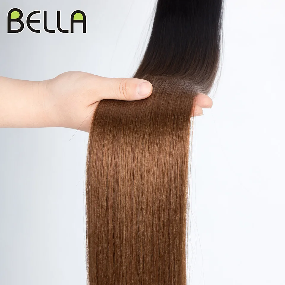 Bella-mechones de pelo sintético, extensiones de cabello liso de 36 pulgadas, 130G, Rubio degradado, 613, Color negro, pelo sintético BIO, cola de caballo