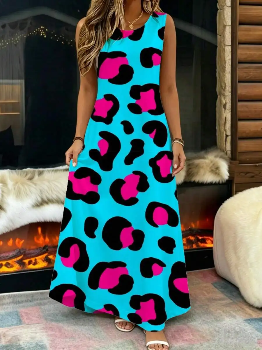 

Sleeveless Maxi Dress Turquoise Pink Black Leopard Print Summer Beach Party Casual Wear