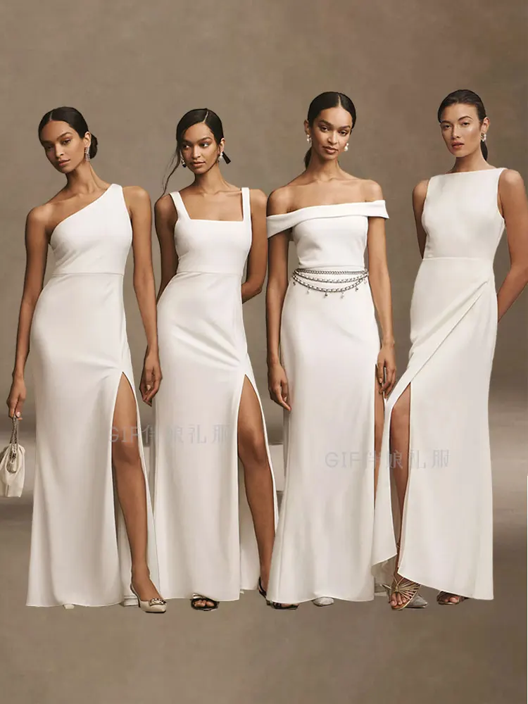 Bridesmaid dresses, sisters, white fairy, high-end, niche satin, thin, daily, one-shoulder, autumn and winter