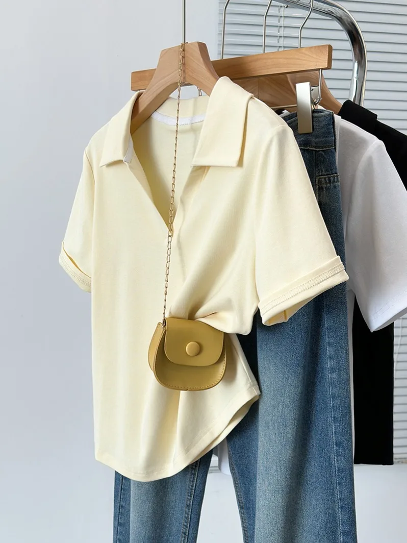  Collar Short Sleeve T-Shirt Women's Summer Casual Regular Fit Base Shirt plus Size Hide Belly Small Top Commute Style