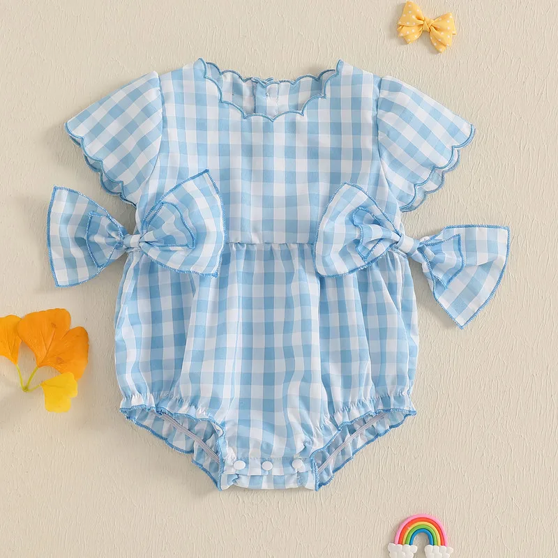 0 to 18 Months Baby Girl Bodysuit Summer Clothes Short Sleeve Crew Neck Plaid Bow Infant Jumpsuit