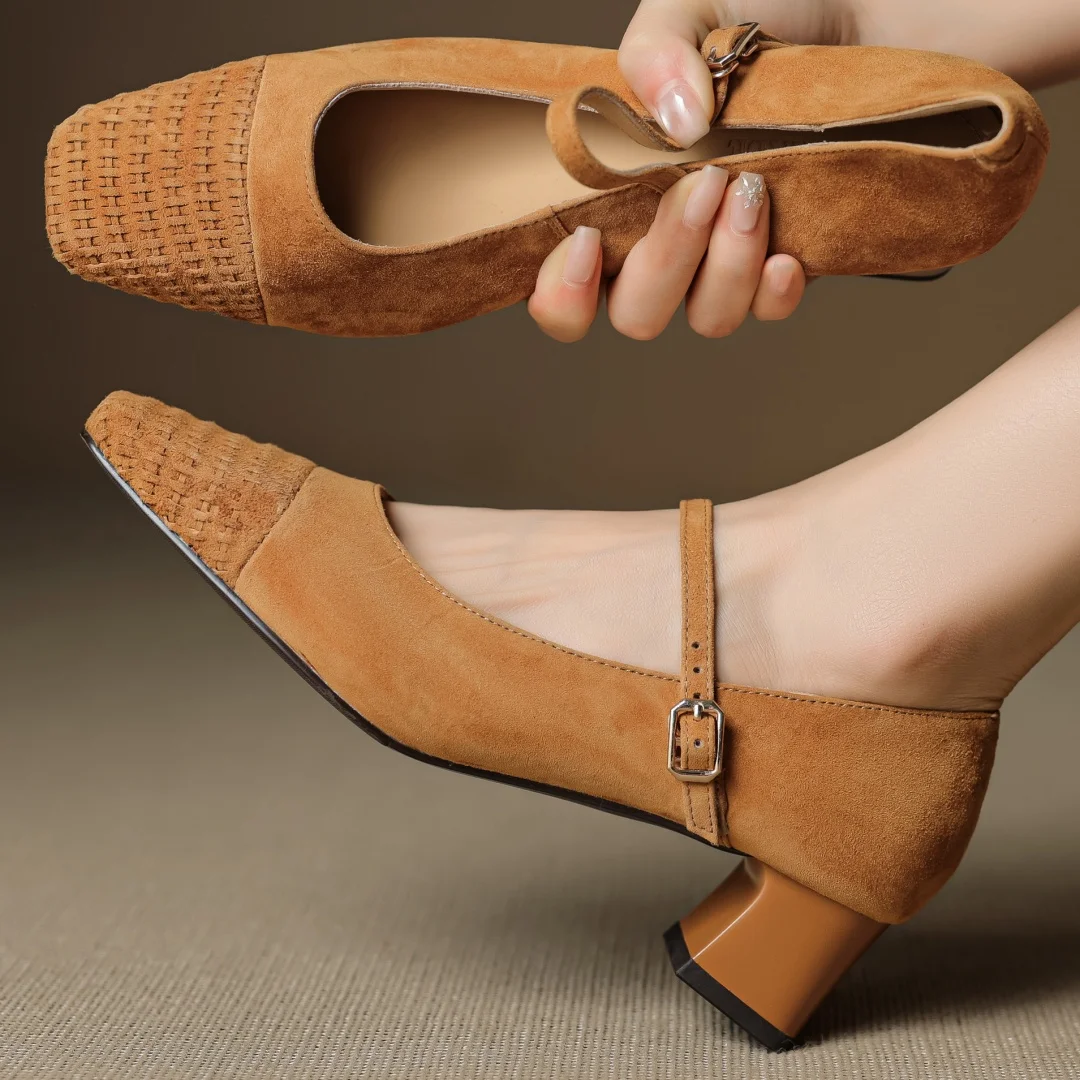 

Women's natural suede leather metal buckle slip-on Mary Jane pumps 4.5cm thick med heel elegant ladies slim daily dress shoes