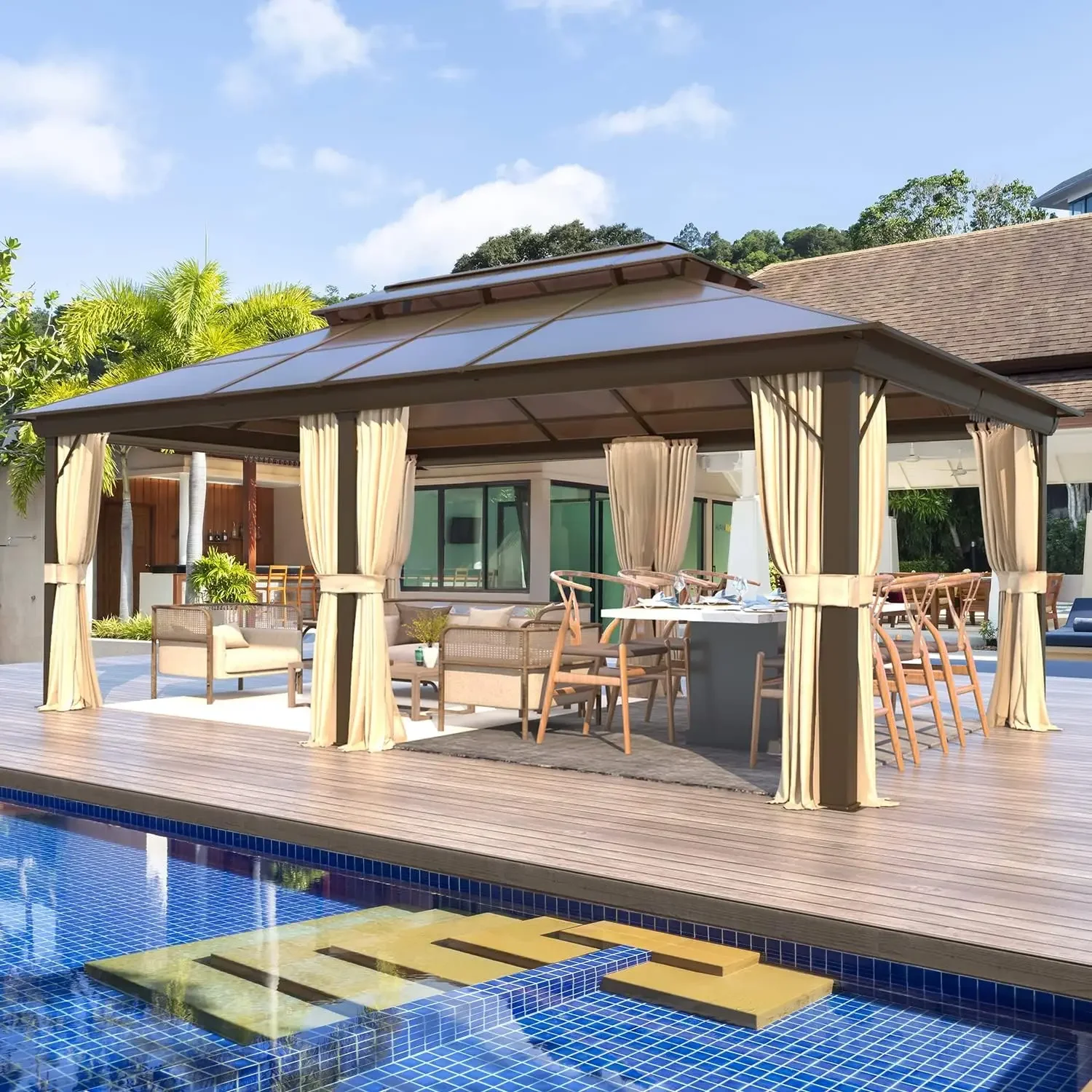 

12' x 20' Gazebo Polycarbonate Double Roof Canopy with Aluminum Frame Outdoor Permanent Metal Pavilion with Netting and Curtains