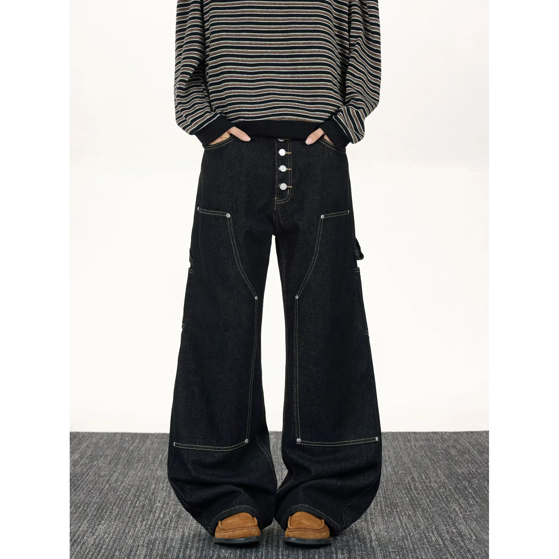 

American Retro Button Design Logging Jeans Loose Casual Straight Leg Men's Streetwear Workwear Long Trousers