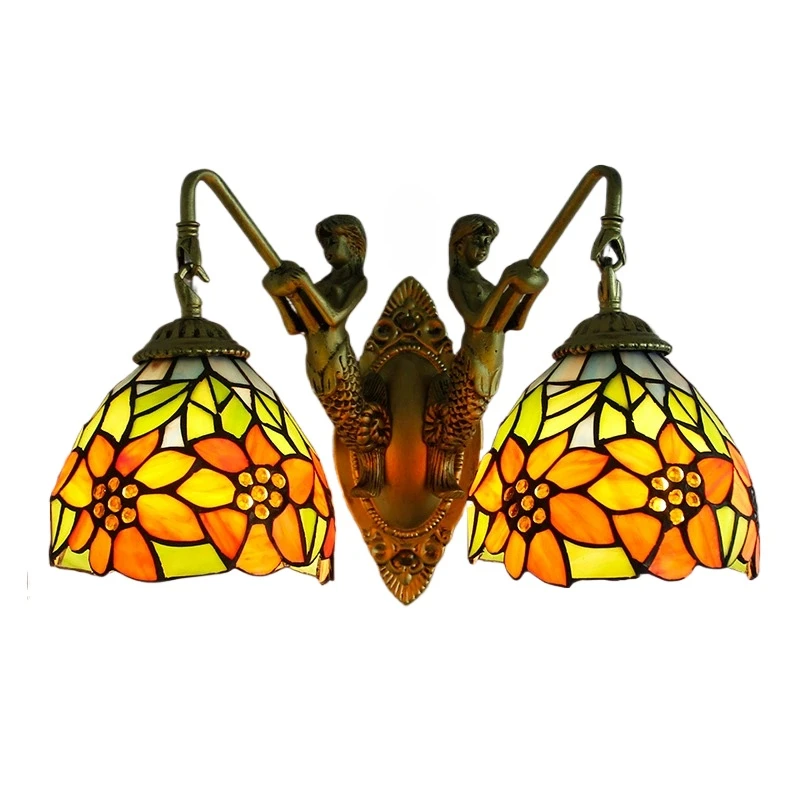 

Retro Double-Headed Oval Mermaid Bead Sunflower Stained Glass Bedside Mirror Wall Light Tiffany Bar Corridor Mermaid Wall Lamp