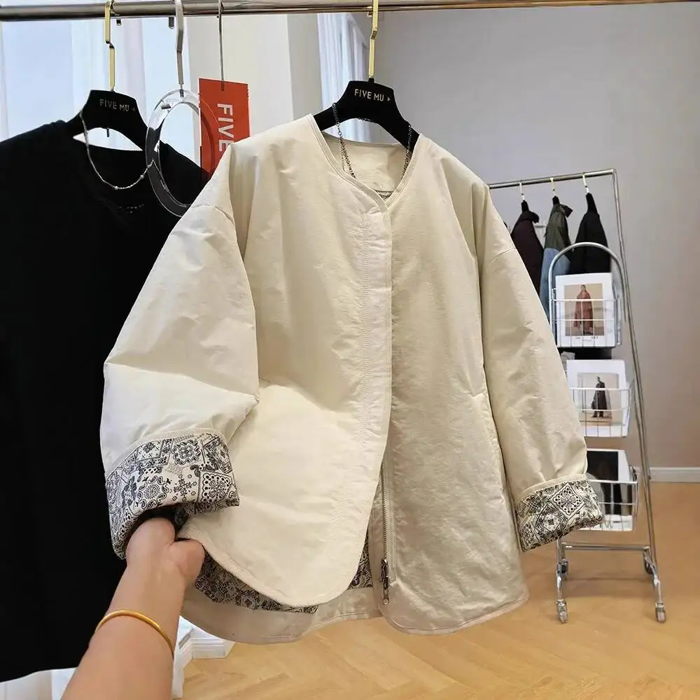 سترة نسائية كلاسيكية فريدة من نوعها برقبة دائرية وسحاب كسول معطف قطني فضفاض غير رسمي للخريف والشتاء بأكمام طويلة من الصين #2