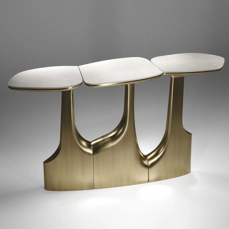

Light luxury modern stainless steel porch table villa model room entry against the wall Italian simple creative porch table