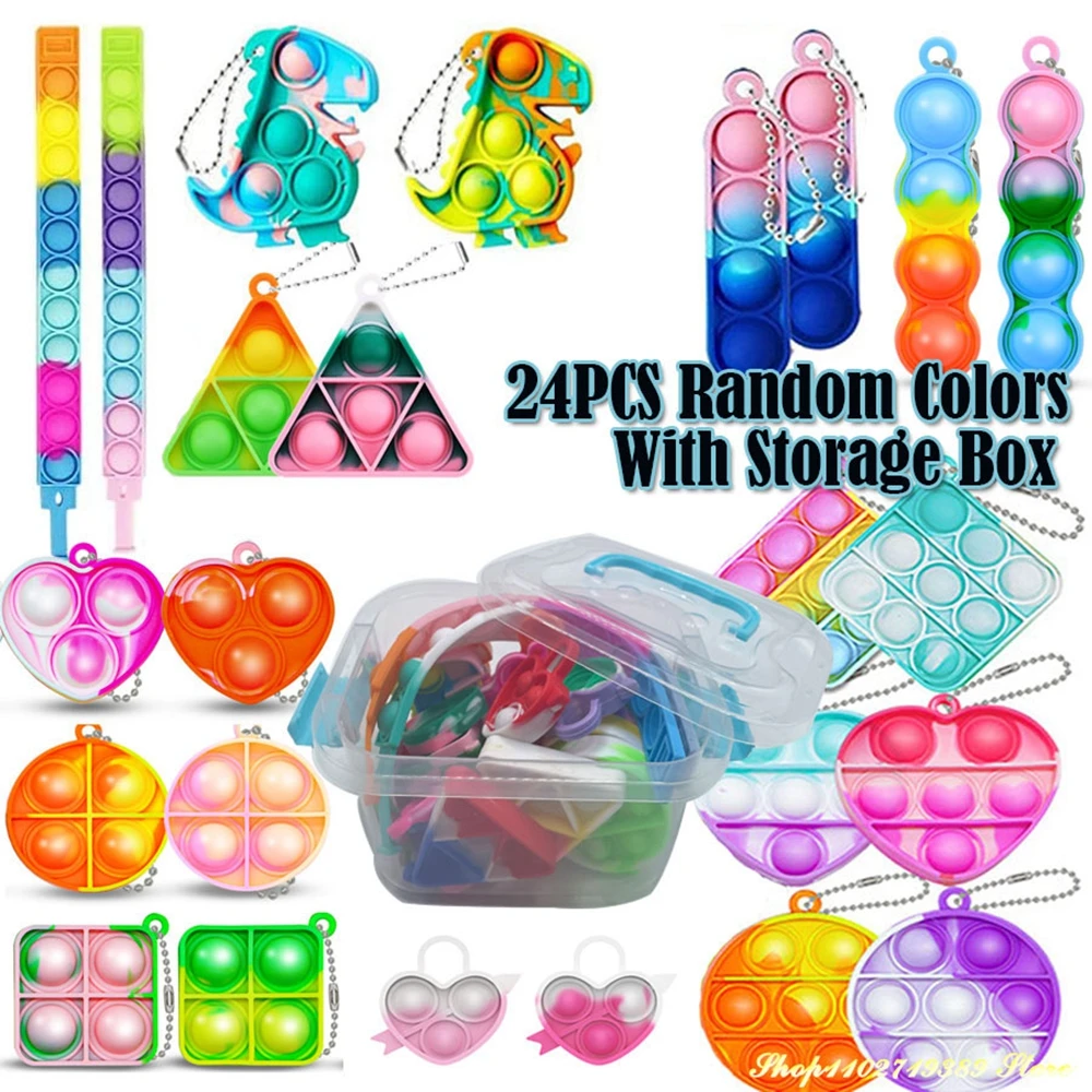 

24PCS Pop Fidget Toys Pop Keychains Toys Fidgets Pack Anxiety Stress Relief Sensory Toys Party Favors With Storage Box