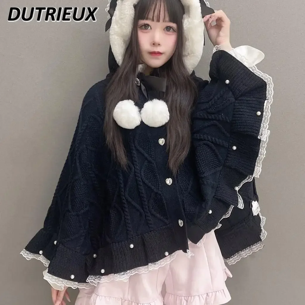 Japanese Sweet Cute Girls Mine Lace Oversized Cardigan Sweater Ball Hairy Terry Bow Hooded Single Breasted Sweater Cape