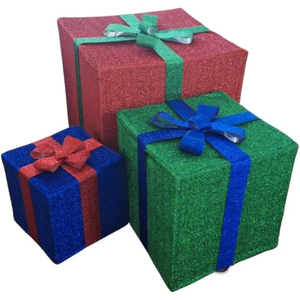 Set of Three Outdoor Lighted Decorate Your Home with These Large Realistic Light Up Christmas Boxes with 300 Lights.