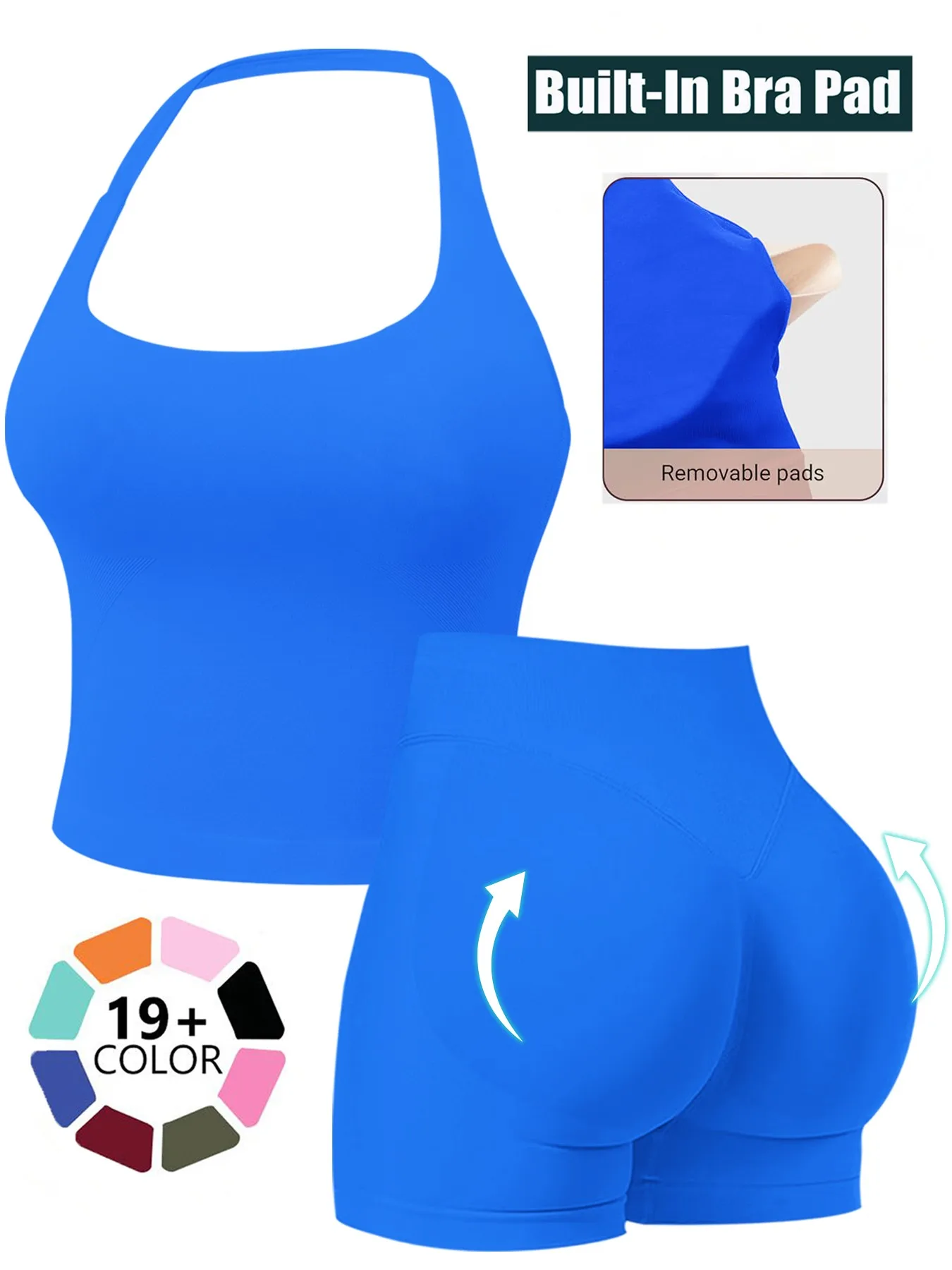Women's Square Neck Halter 2-Piece Set, Seamless High Stretch, Removable Cups & Peach Butt Lifting 3