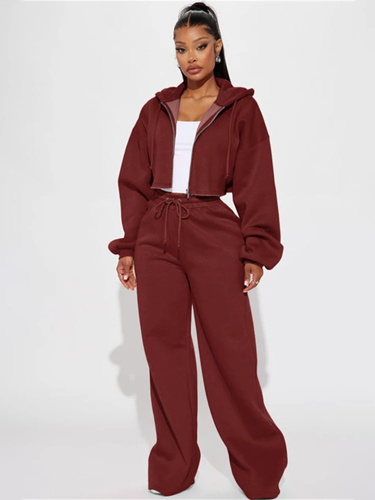 JENYAGE Oversized Zweiteiler-Set für Damen, weicher, einfarbiger, bequemer Crop-Hoodie mit Reißverschluss und Kordelzug, weite Jogginghose, Streetwear-Trainingsanzug – Detail 11