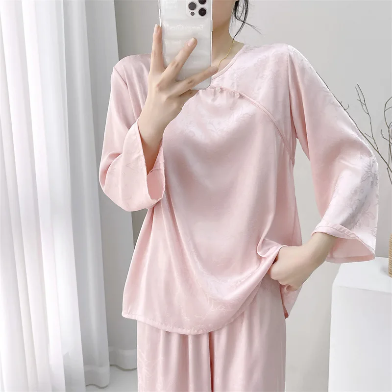 O-Neck Pullover Pants Jacquard Satin Pajamas Set Summer Women Sleepwear Pijamas Intimate Lingerie Casual Female Home Clothes