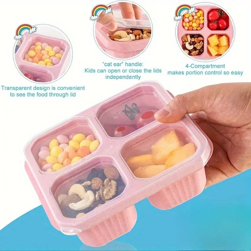 2pcs Portable Four-Grid Snack  Box with Clear Lid for Salad, Fruit, Snacks, and Meals - Kitchen Organizer and Accessory